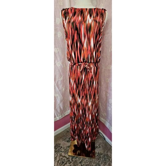 Calvin Klein Exquisite SUNSET Abstract Red Orange Black Maxi Dress Small 2 4 6 - Picture 1 of 5